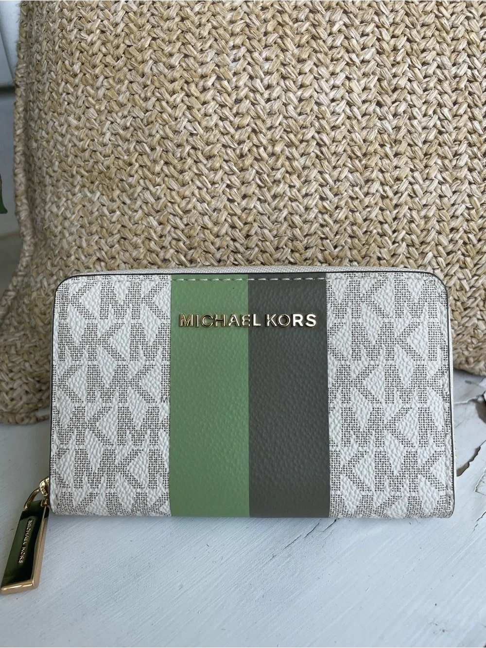 Michael Kors Small Jet Set Zip-Around Card Case Wallet: Vanilla, Sage, Olive